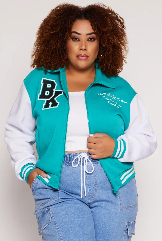 Plus Size BK Graphic Zip Front Letterman Jacket