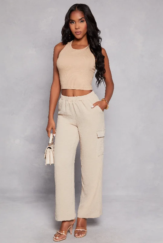 Airy Crepe Knit Cargo Wide Leg Pants