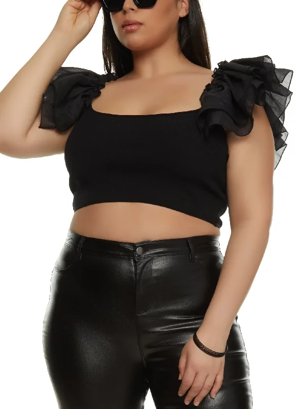 Plus Size Ribbed Flutter Sleeve Crop Top