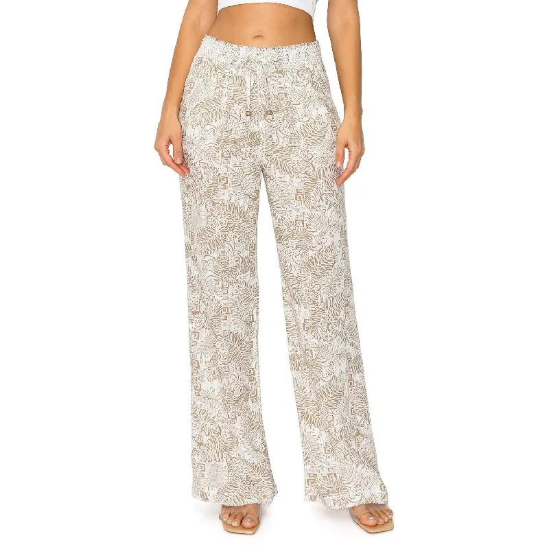 Linen Pants Drawstring Smocked Waist Printed Beach Pants - Taupe White