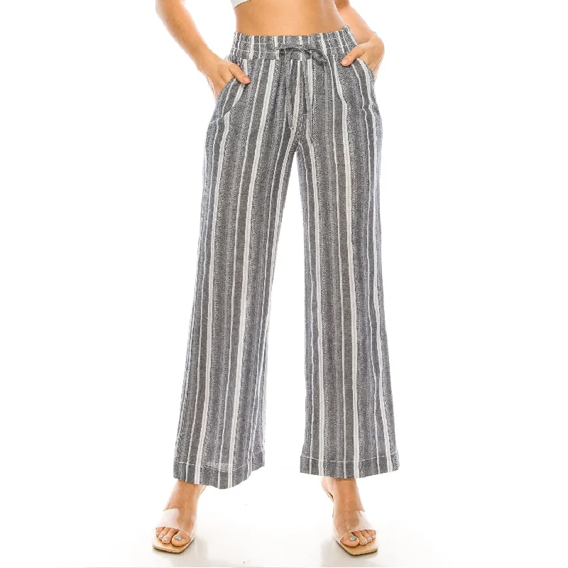 Drawstring Smocked Waistband Linen Beach Pants - Navy Combo