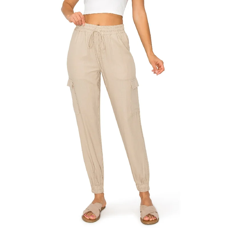 Drawstring Waist Linen Cargo Jogger Pants - Khaki