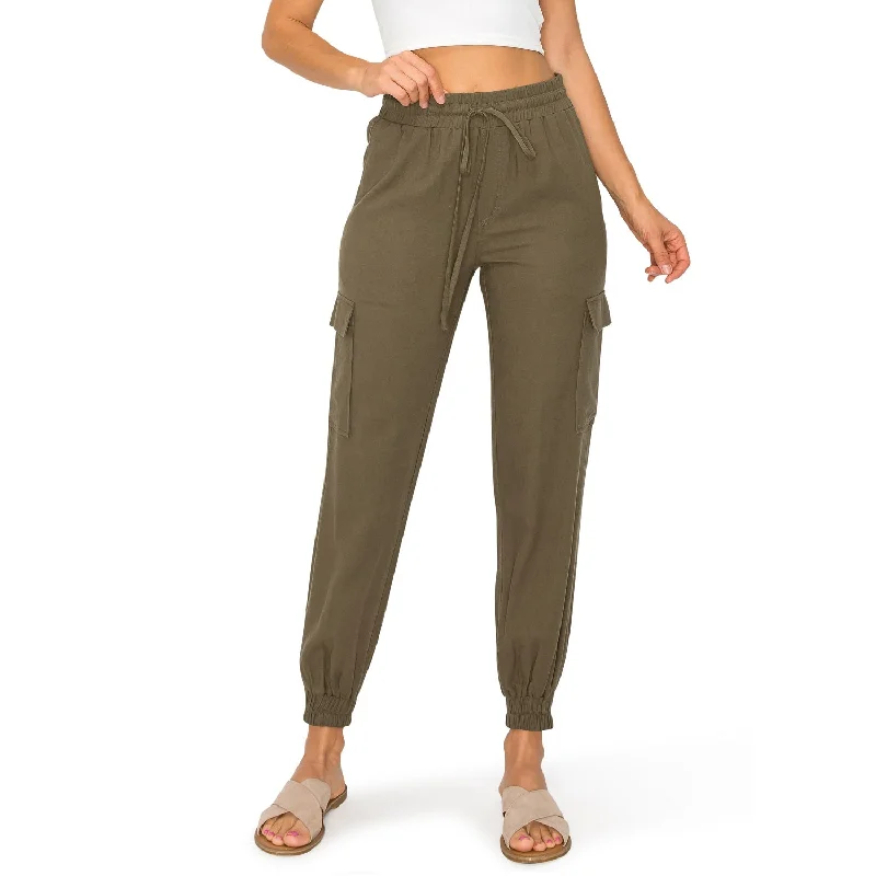 Drawstring Waist Linen Cargo Jogger Pants - Olive