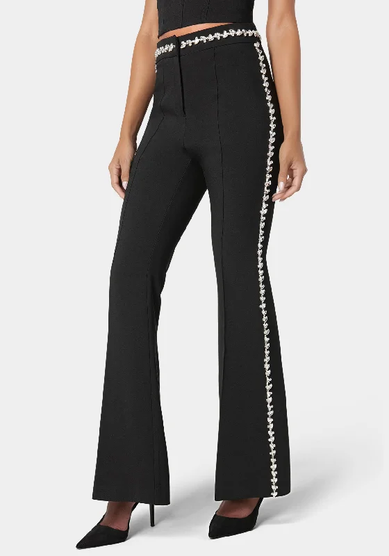 High Waist Rhinestone Trim Flared Pant