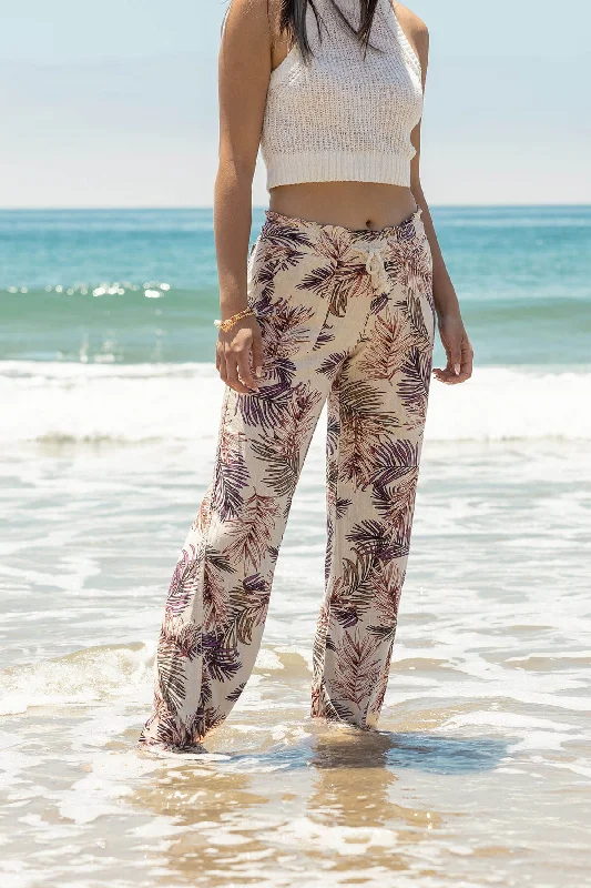 Linen Pants 32" Inseam Drawstring Smocked Waist Printed Beach Pants - Purple Pink