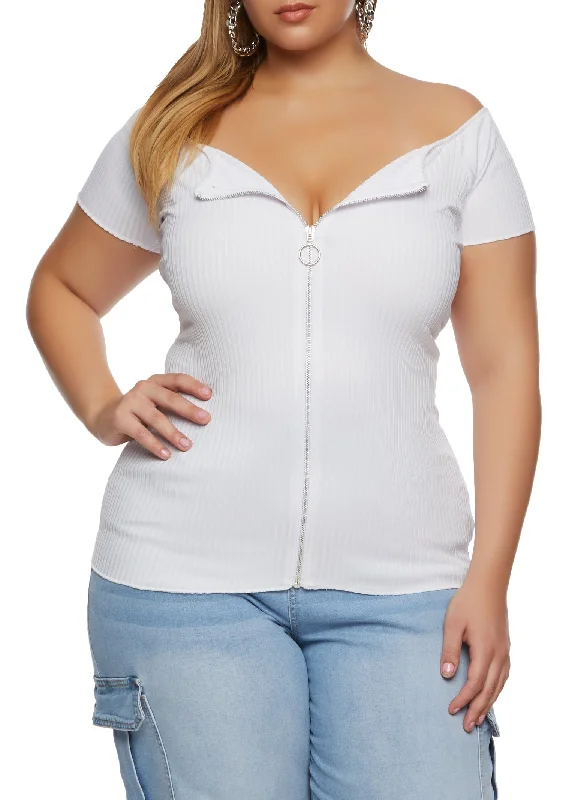 Plus Size Ribbed Zip Front Off the Shoulder Top