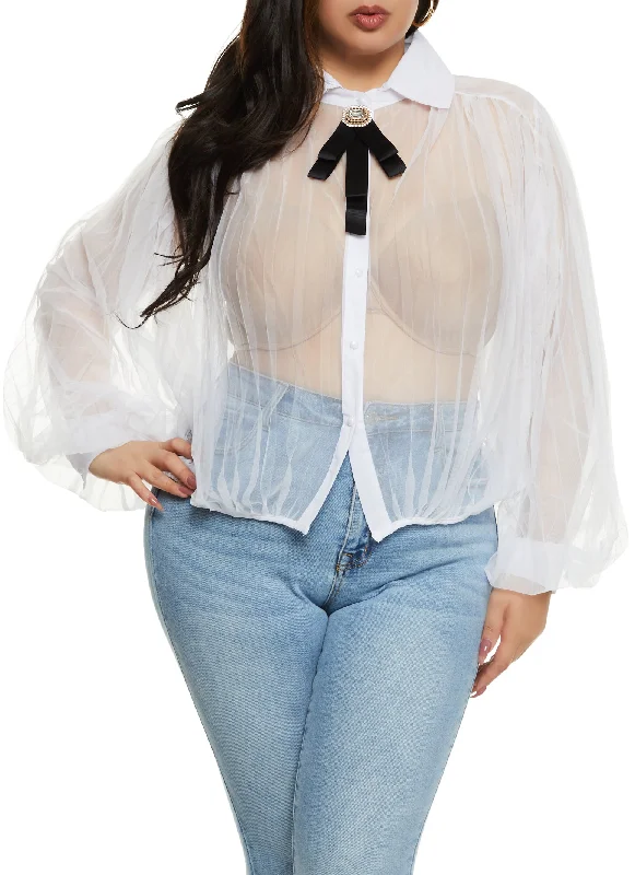 Plus Size Ribbon Brooch Sheer Pleated Top