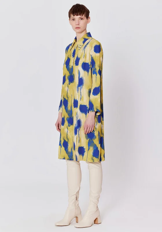 Birelin Ink Dye Knee Length Shirt Dress, Yellow & Blue