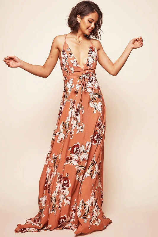 Calabasas Floral Waist Tie Maxi Dress Rose