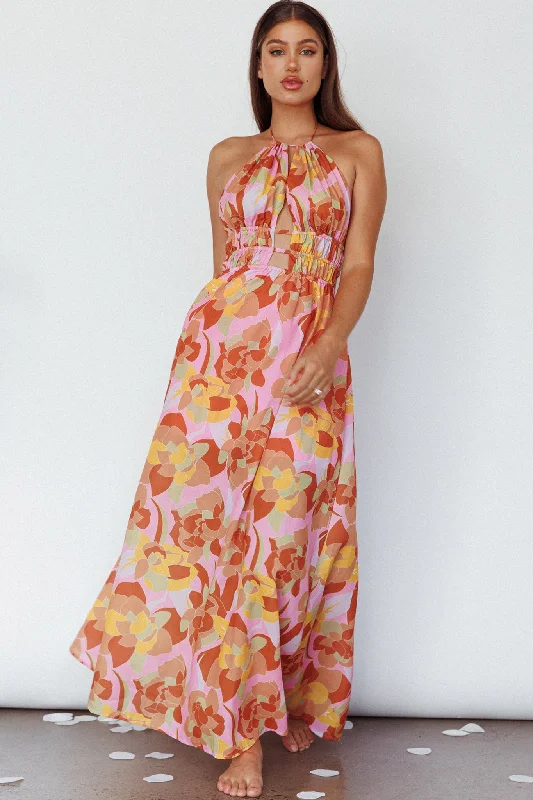 Cyndi Open Back Halterneck Maxi Dress Pink Multi