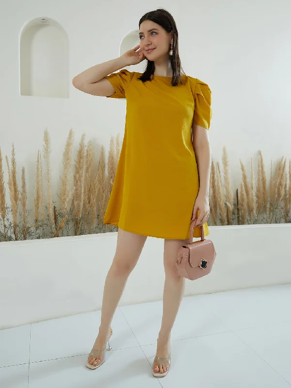 Berrylush Women Solid Yellow Round Neck Puff Sleeve Button-Up Curved Hem A-Line Mini Dress