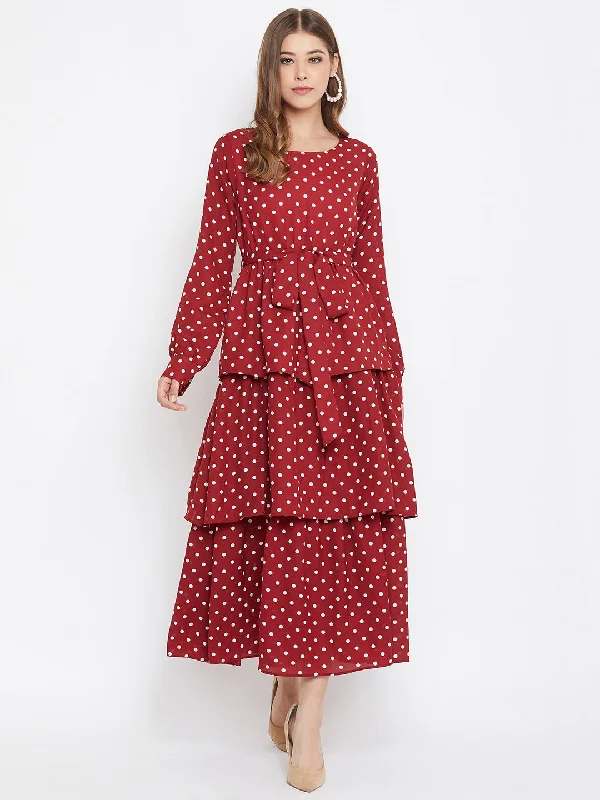 Berrylush Women Red Polka Dot Printed Round-Neck Tiered Fit & Flare Maxi Dress