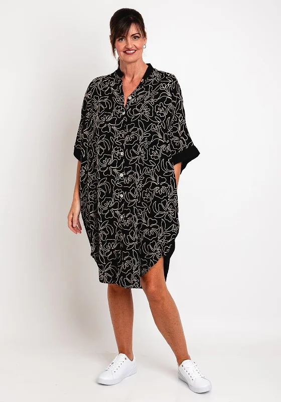 Natalia Collection One Size Embroider Floral Printed Midi Shirt Dress, Black