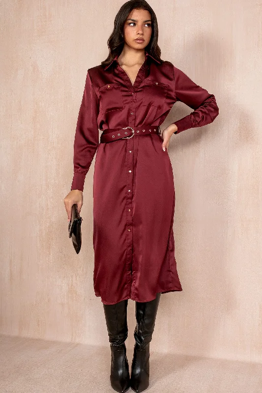 Giselle Burgundy Satin Shirt Dress