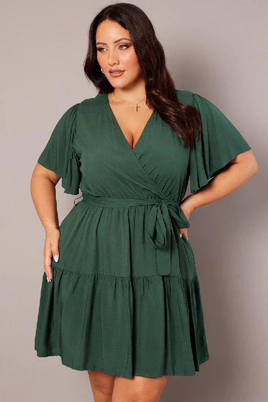 Green Wrapover Mini Dress Flare Sleeve Tie Waist