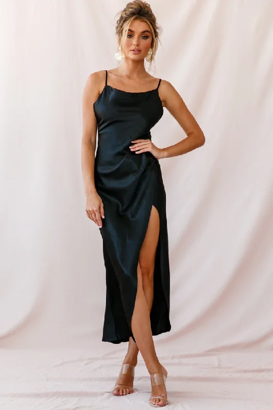 Hey Girl Long Satin Cowl Neck Dress Black