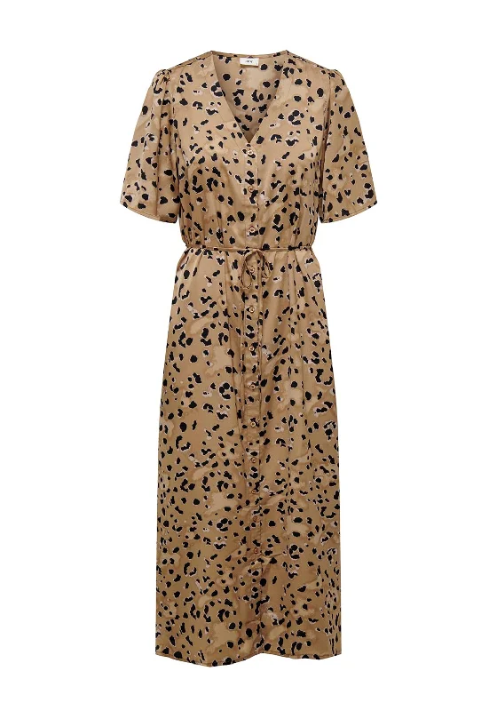 JDY Appa Leopard Print V-Neck Maxi Shirt Dress, Toasted Coconut