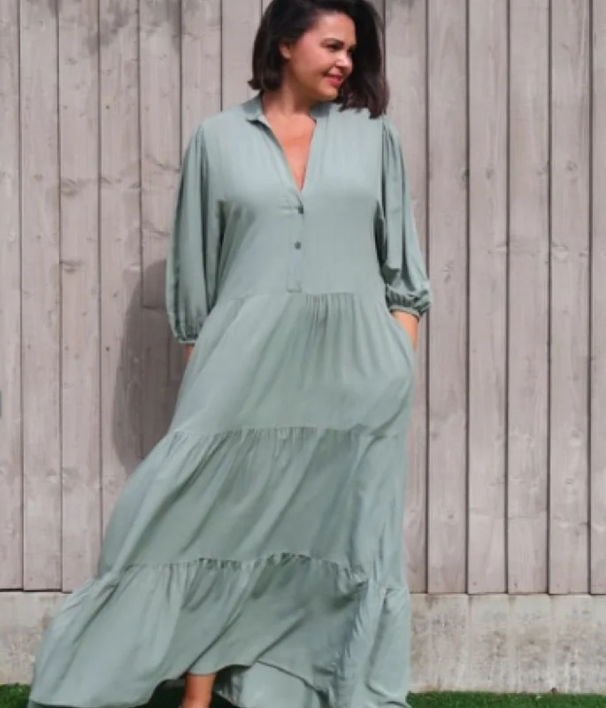 Khaki Tiered Maxi Shirt Dress