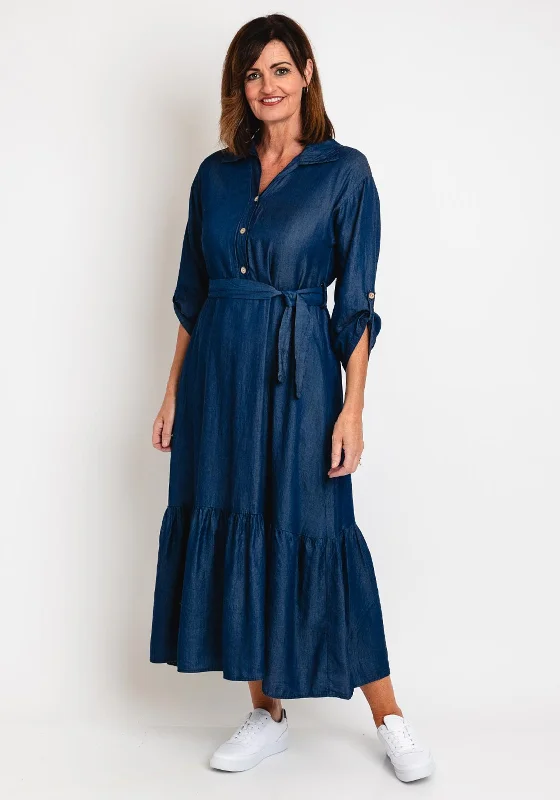 Serafina Collection One Size Belted Maxi Shirt Dress, Denim Blue