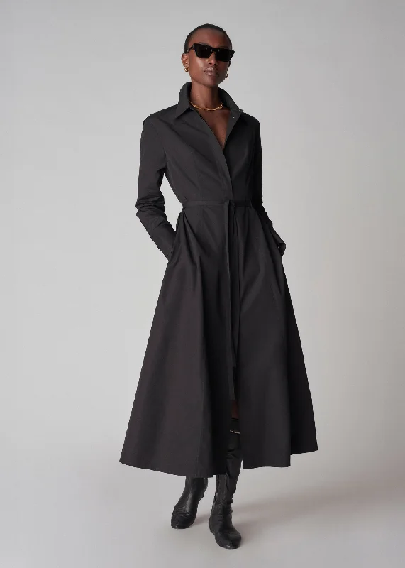 Long Sleeve Belted Shirt Dress - Black