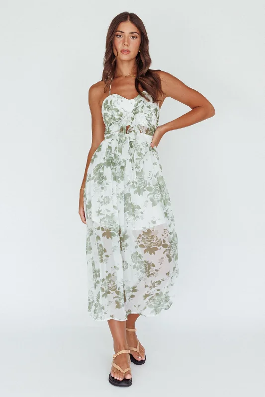 Los Feliz Tied Bust Halterneck Midi Dress Floral Green