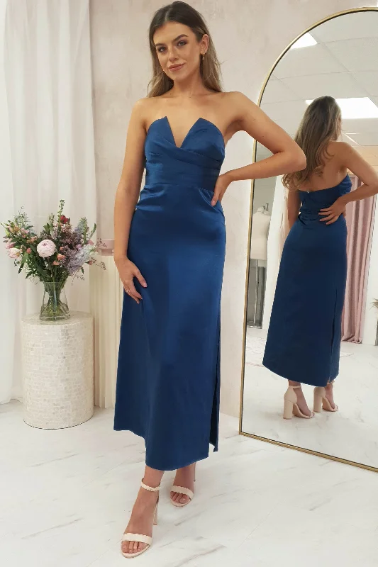 Louvre Strapless Satin Midi Dress | Navy