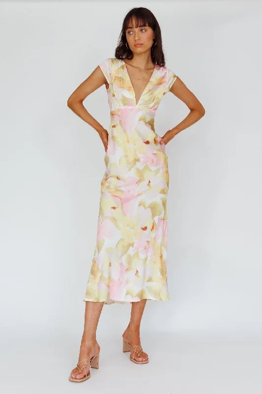 Lucinda Cap Sleeve Twist Back Midi Dress Flower Pink