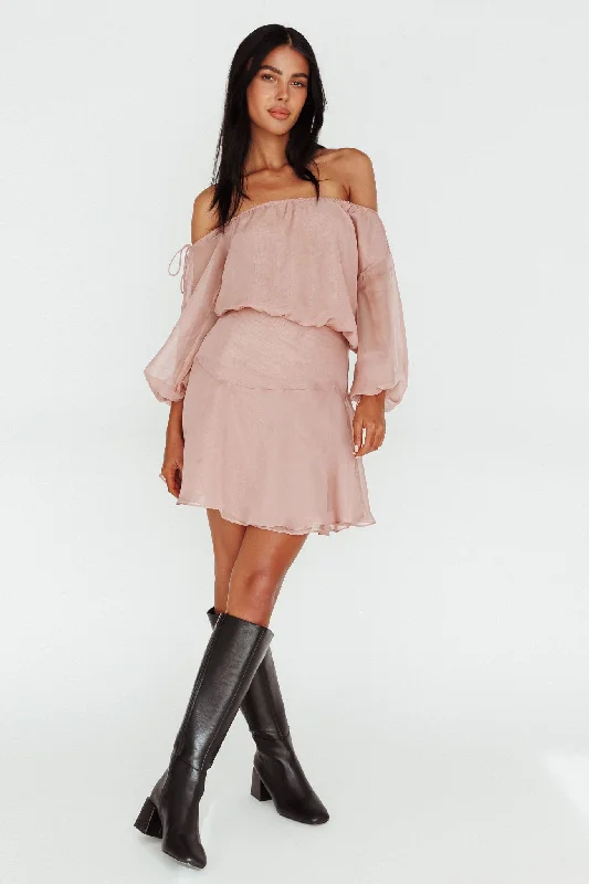 Mariona Off Shoulder Long Sleeve Mini Dress Blush