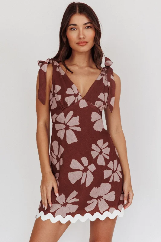 Mykonos Morning Tied Shoulder Mini Dress Floral Brown