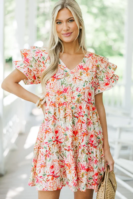 New To You Coral Pink Ditsy Floral Babydoll Dress