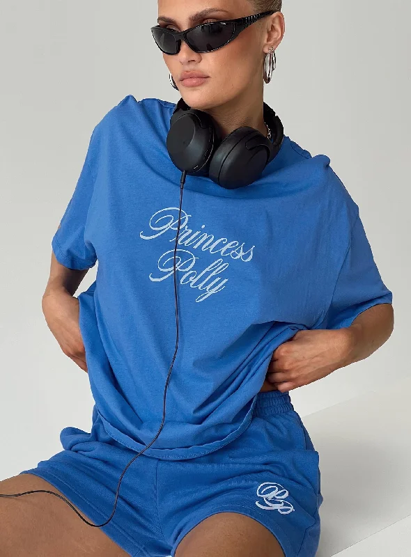 Princess Polly Cursive Oversized Tee Blue / White