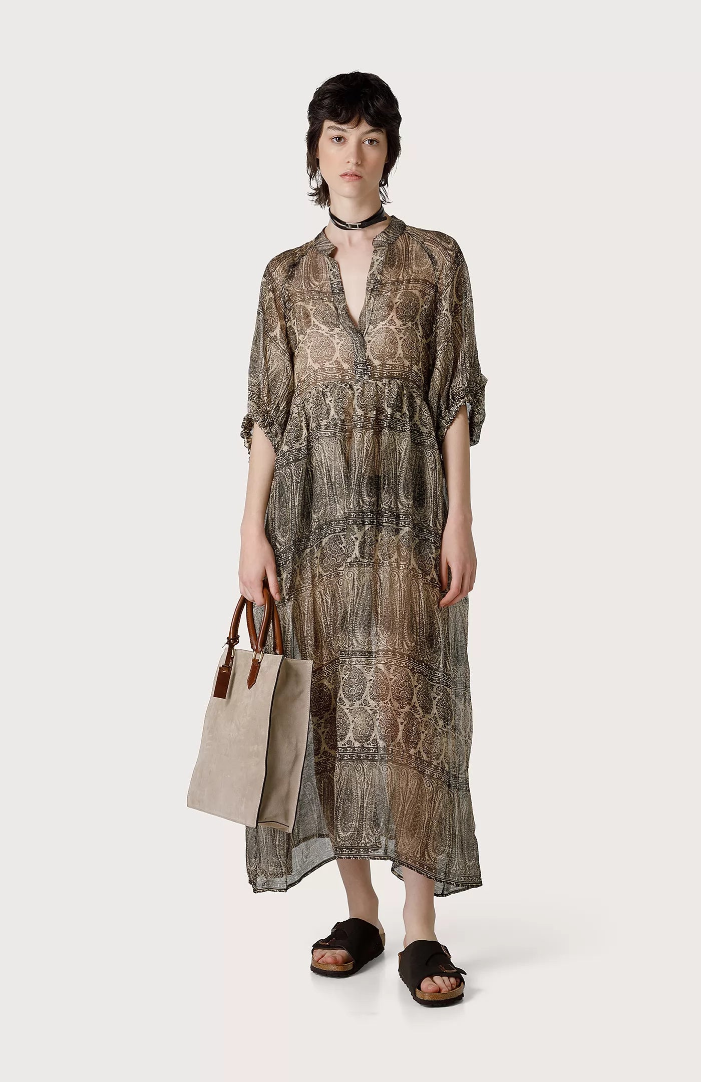 Printed Silk & Linen Gauze Dress - Cold Brown