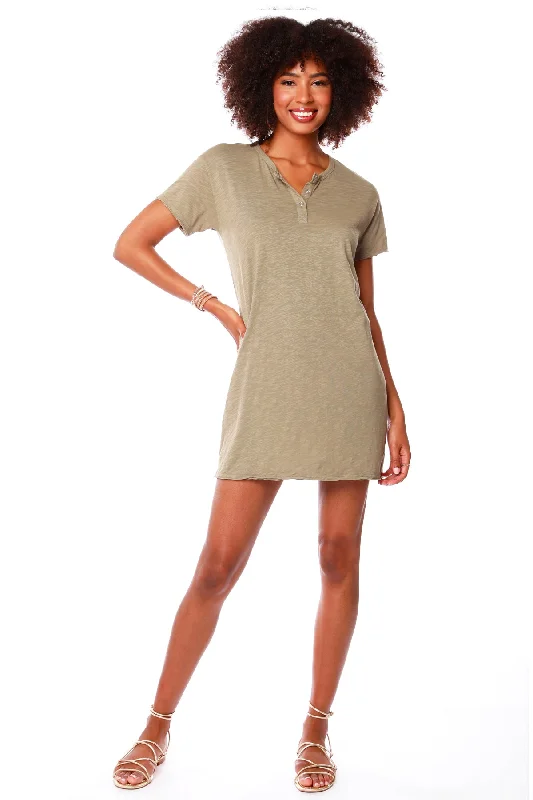 Raw Edged Henley Dress - Basil