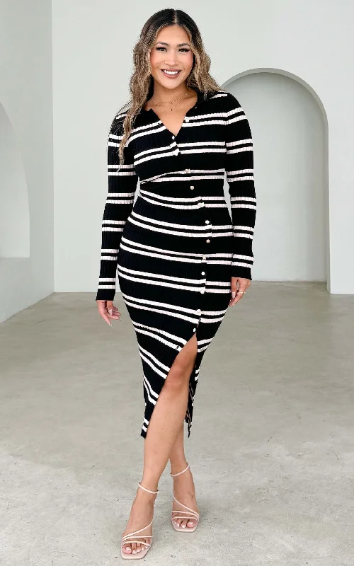 Sidney Knit Midi Dress - Black Beige Stripes