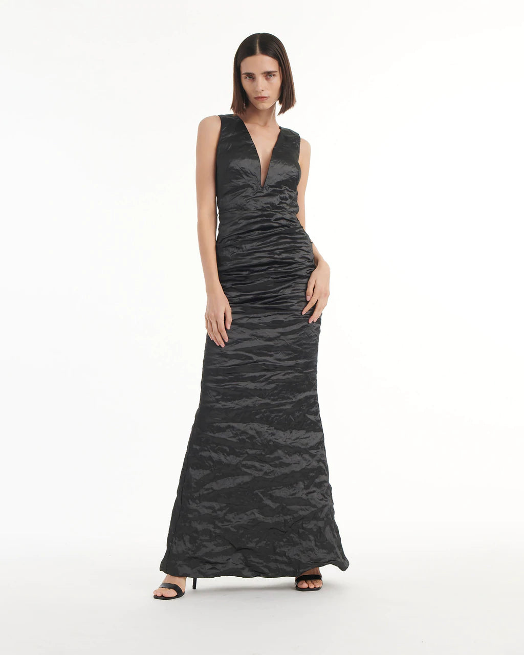 Solid Techno Metal Plunge Gown - Black