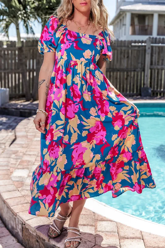 Square Neck Bubble Sleeve Ruffled Floral Dress