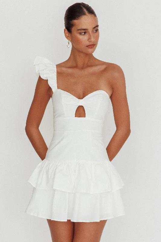 Tea Time One Shoulder Ruffle Mini Dress White