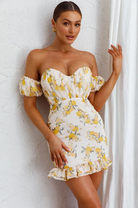 Verona Off-Shoulder Gathered Mini Dress Floral Yellow