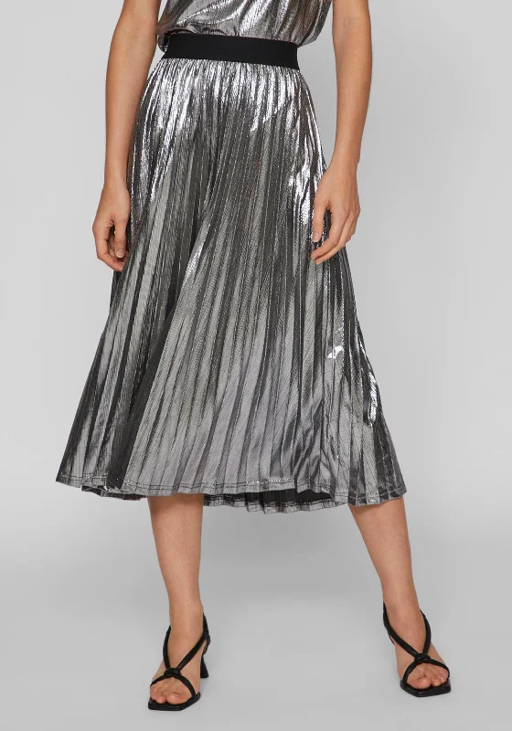 Vila Linea Pleated Metallic Midi Skirt, Silver