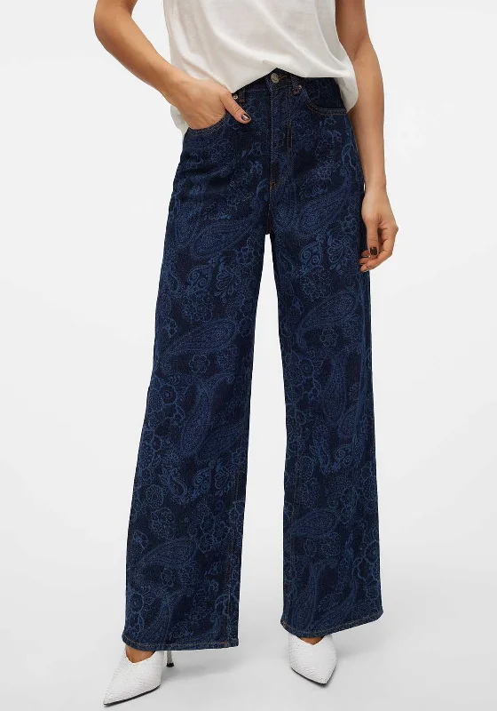 Vero Moda Kathy Paisley High Rise Wide Leg Jeans, Dark Blue Denim