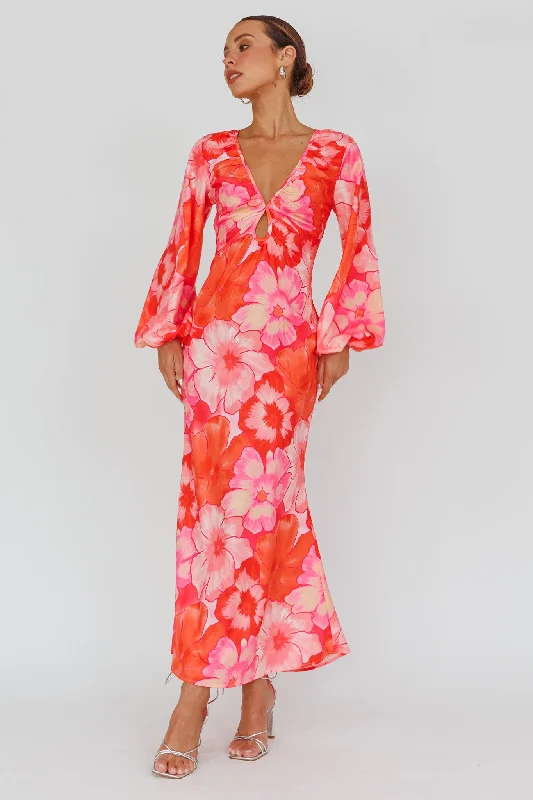 Yessica Balloon Sleeve Midi Dress Floral Pink