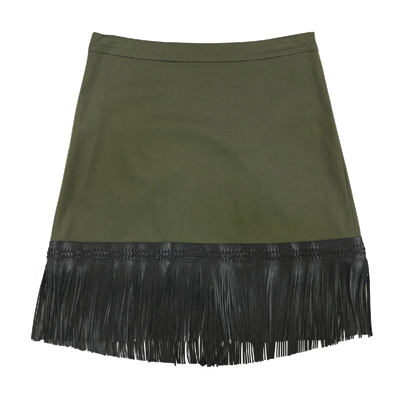 Alexis Womens Faux Leather Fringe A-line Skirt, Green, Large