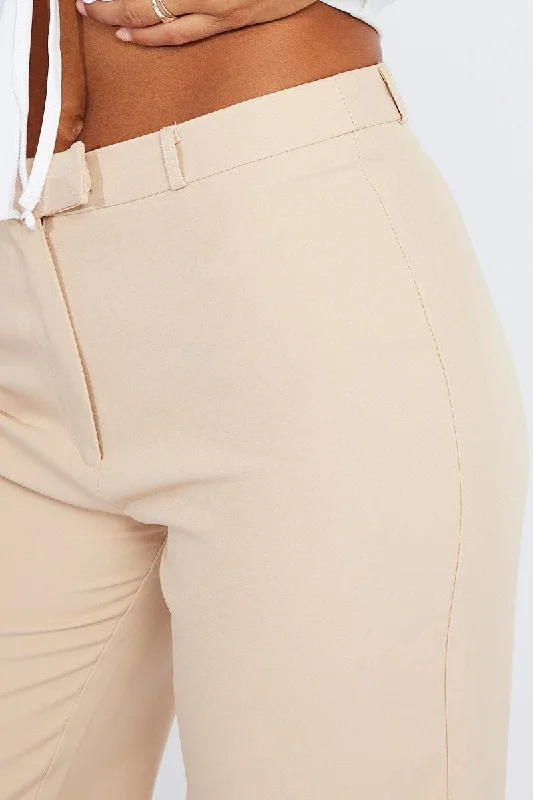 Beige Straight Fit Pants Mid Rise