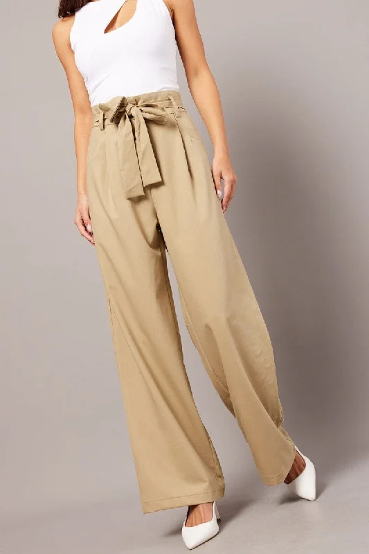 Beige Wide Leg Pants Waist Tie