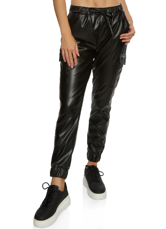 Faux Leather High Waist Cargo Pocket Joggers