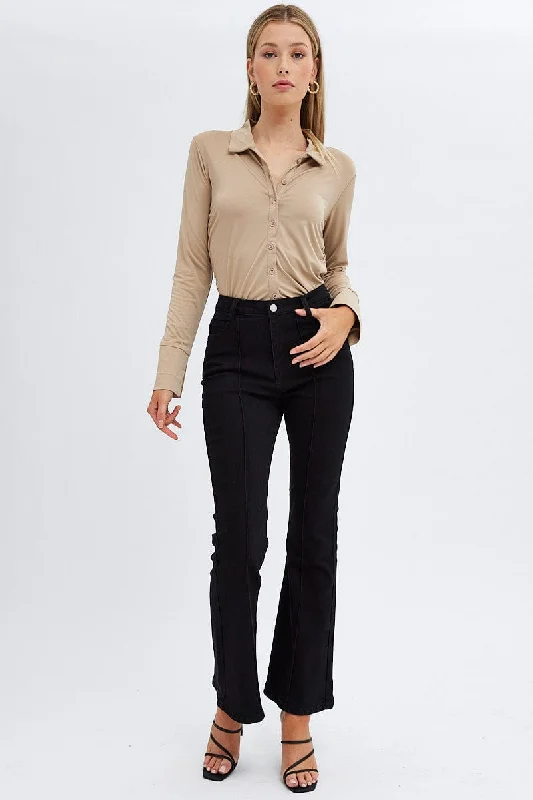 Black Flare Jeans Mid Rise Pintuck