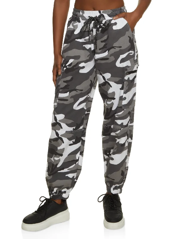 Camo High Waist Drawstring Cargo Joggers