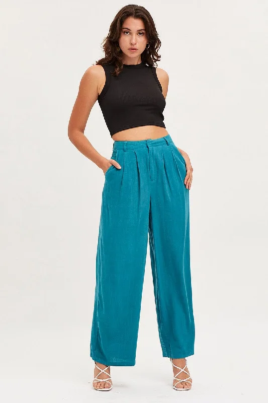 Blue Wide Leg Pants High Rise