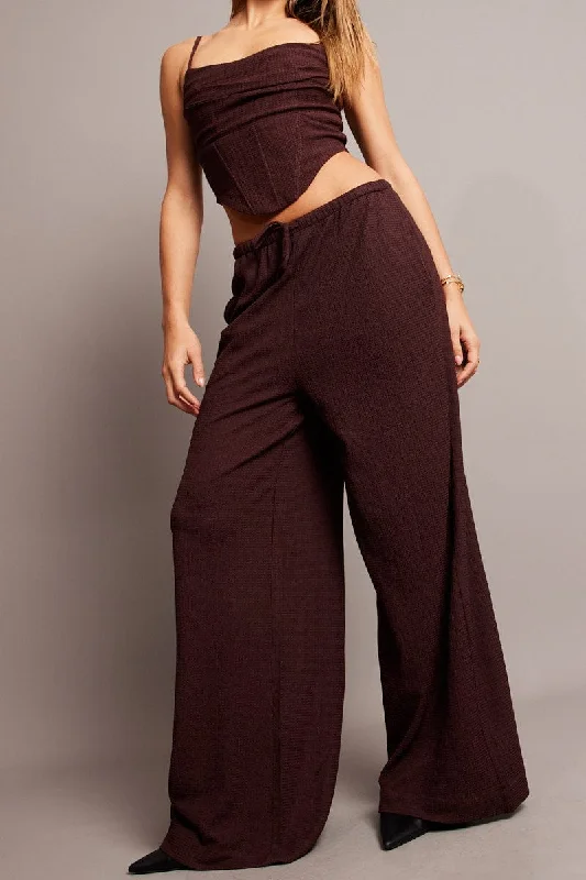 Brown Wide Leg Pants High Rise Textured Fabric