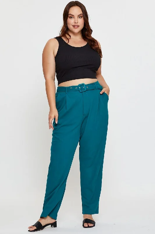 Green Slim Leg Pants High Rise Belted